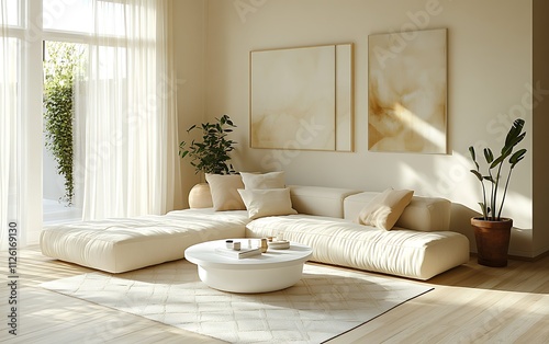 Minimalist living room interior with beige sofa, plants, and abstract art.