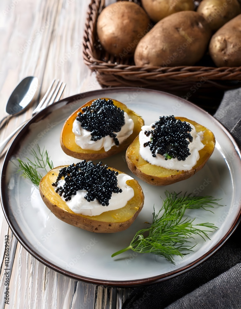 Baked potato halves topped with sour cream and black caviar, garnished with fresh dill Baked potato halves topped with sour cream and black caviar, garnished with fresh dill
