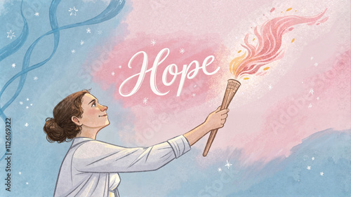 Hope-themed illustration with woman holding torch