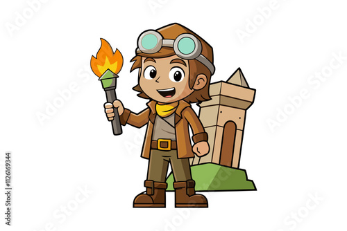 An adventurer carrying a torch cartoon vector illustration