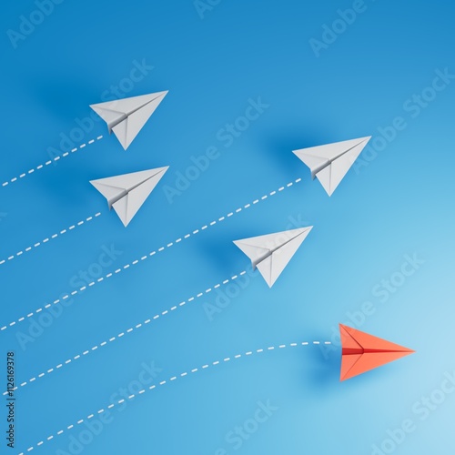 Red paper origami plane have individual direction from unique white planes in different way. Business strategy and opportunity concept.3D rendering on blue background. photo