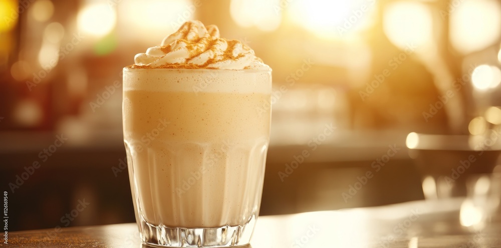 A frothy coffee drink topped with whipped cream and caramel, illuminated by sunset. A frothy coffee drink topped with whipped cream and caramel, illuminated by sunset.