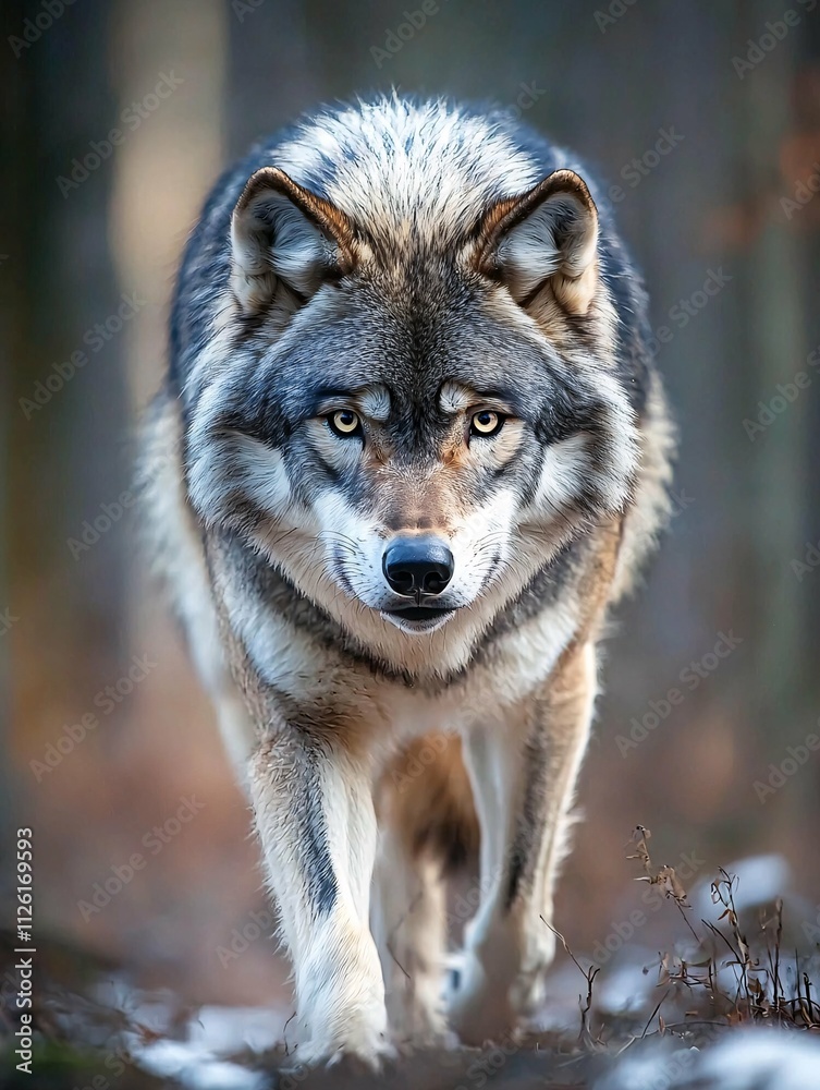 Fototapeta premium A captivating close-up of a wild wolf navigating the forest, highlighting its sharp gaze and rich fur, embodying the spirit of freedom and nature's beauty.