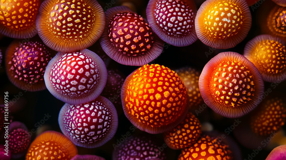 Top view of an extreme close-up photograph of highly detailed brown and orange mushrooms growing in dense clusters. Made by AI Top view of an extreme close-up photograph of highly detailed brown and orange mushrooms growing in dense clusters. Made by AI
