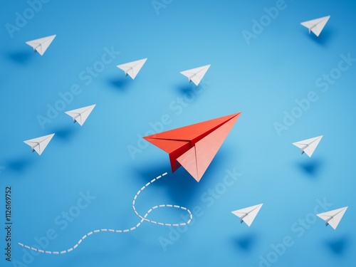 Successful business, innovative and solution concepts.Paper plane . - leader plane, teamwork ,Abstract, blue, Business.3D rendering on blue background. photo