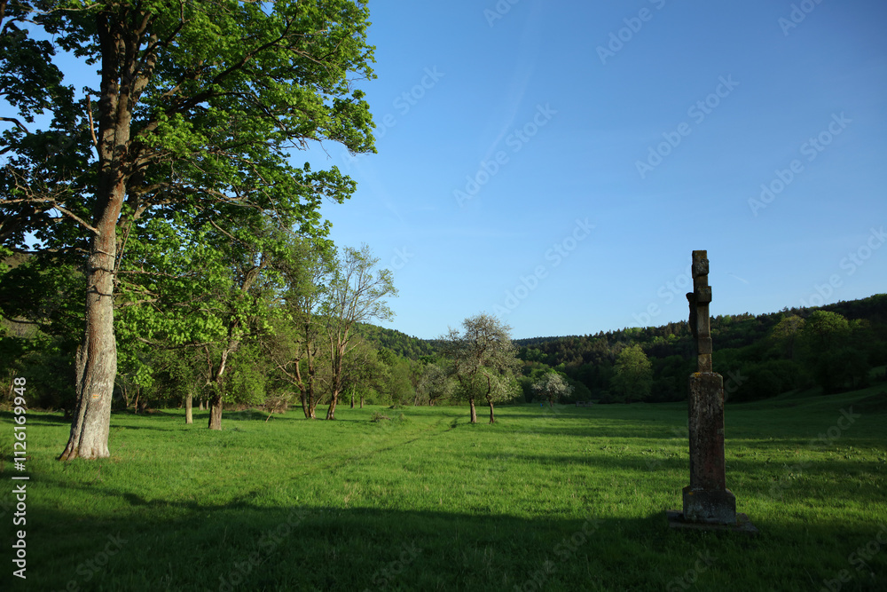 Old roadside shrine in former, abandoned village - Nieznajowa in Low Beskid mountain range, Poland