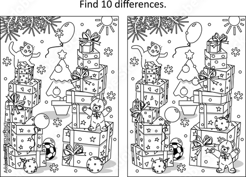 Difference game with plenty of presents, cat and teddy bear. Christmas, New Year, winter holidays. Coloring page.
