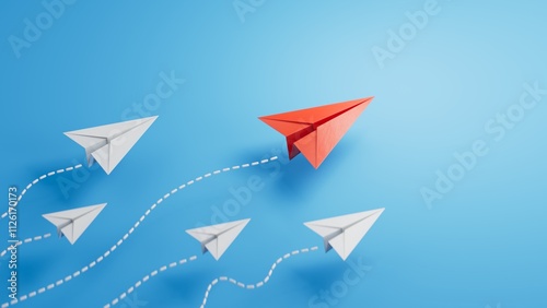 Individual red leader paper plane lead other. Business and leader plane concept. 3D illustration.3D rendering on blue background.