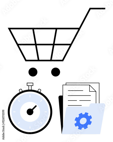 Shopping cart, stopwatch, folder with documents and gear icon symbolizing online shopping efficiency. Ideal for e-commerce, digital shopping, time management, productivity, organization, business