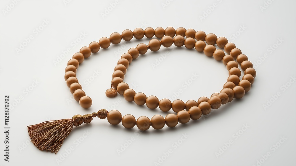 A long necklace of light brown wooden beads with a tassel on the end, product photography, white background, high resolution, detailed A long necklace of light brown wooden beads with a tassel on the end, product photography, white background, high resolution, detailed