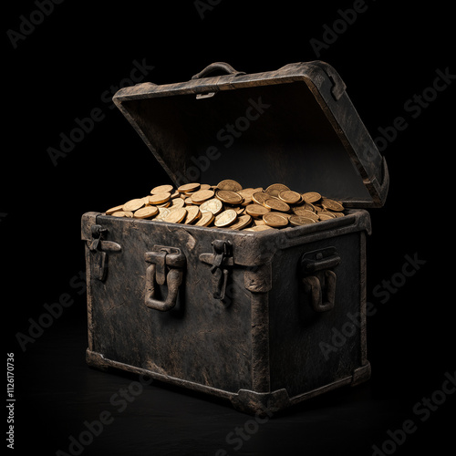 Sci-fi futuristic opened chest full of golden coins photo