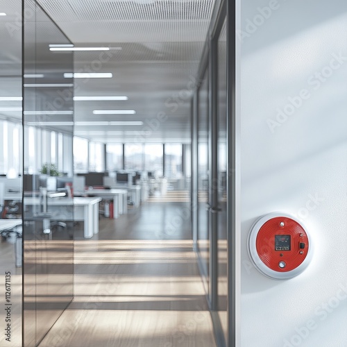 A realistic 3D-rendered office environment featuring fire safety equipment