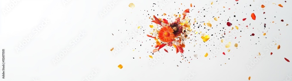 A vibrant explosion of colors resembling a burst, surrounded by scattered particles. A vibrant explosion of colors resembling a burst, surrounded by scattered particles.