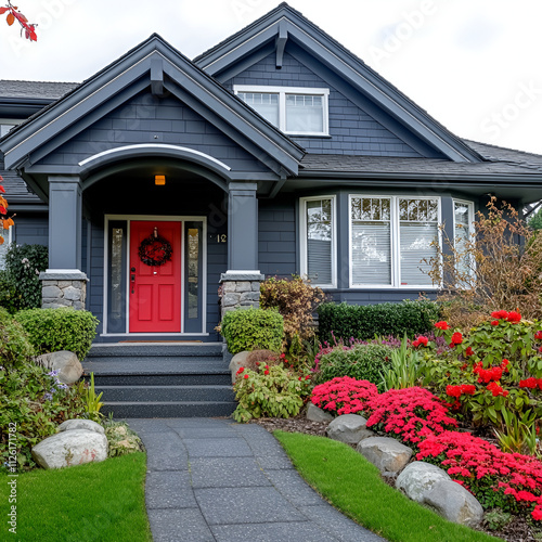 front door detail of a colonial house with transom window, created with,Front view of a red front door of a house with flowers,A charming red door welcomes visitors to a beautiful home
 photo