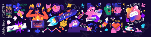 Graphic or web design concept set. Colourful sticker pack of digital art, creative development, webdesign. Comic characters, humorous items, cool elements, signs. Flat isolated vector illustrations
