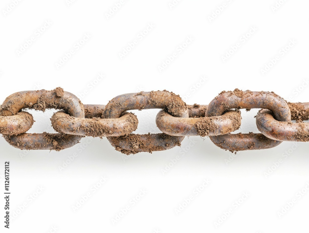 Obraz premium Tainted soil grains transform into heavy chains, bright white backdrop, illustrating consequences of environmental degradation.