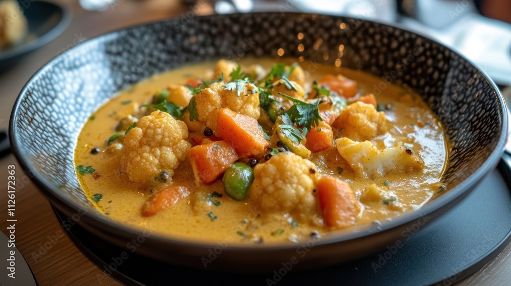A vibrant bowl of curry with vegetables, showcasing a colorful and hearty dish. A vibrant bowl of curry with vegetables, showcasing a colorful and hearty dish.