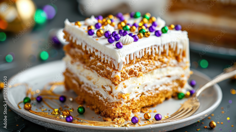 A close-up of a vibrant slice of layered cake, decorated with colorful Mardi Gras beads and icing, capturing the festive spirit and celebration.
A close-up of a vibrant slice of layered cake, decorated with colorful Mardi Gras beads and icing, capturing the festive spirit and celebration.