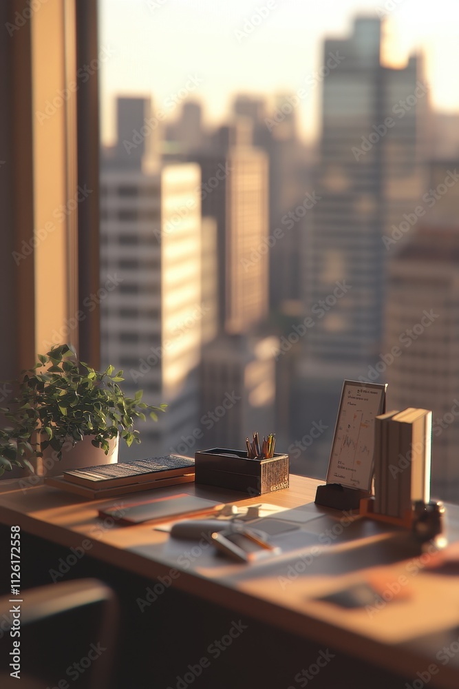 Cozy Urban Workspace with City Skyline View Cozy Urban Workspace with City Skyline View