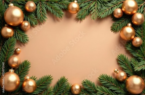 Mock up: frame of fir branches and festive Christmas balls in gold and mocha mousse. Monochrome background in trendy mocha mousse color. Empty space for text. New Year and Christmas atmosphere