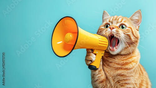 A cute ginger cat holds a yellow megaphone, appearing to announce something fun and exciting, humorous setup.
