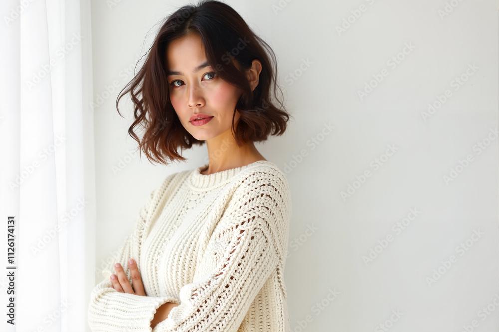 Woman is posing like a model in a white sweater on a white wall background, Generative AI