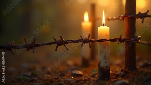 Blurred rustic grunge aged barbed wire fence against golden candle light. photo