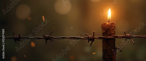 Blurred rustic grunge aged barbed wire fence against golden candle light.