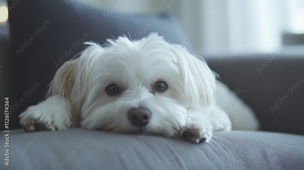 A small white dog resting on a couch, looking at the camera with a calm expression. A small white dog resting on a couch, looking at the camera with a calm expression.