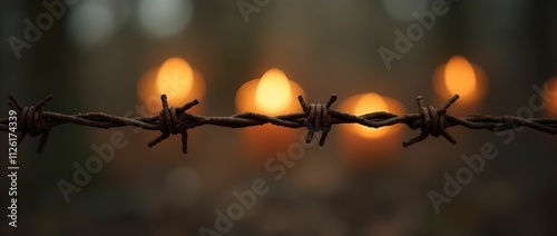 Blurred rustic grunge aged barbed wire fence against golden candle light. photo