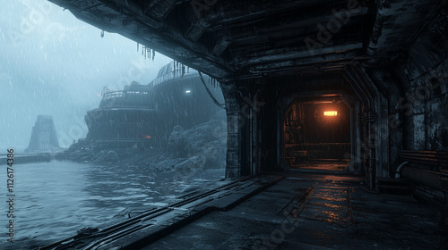 Futuristic industrial harbor in heavy rain with glowing orange light in a dark metallic corridor photo