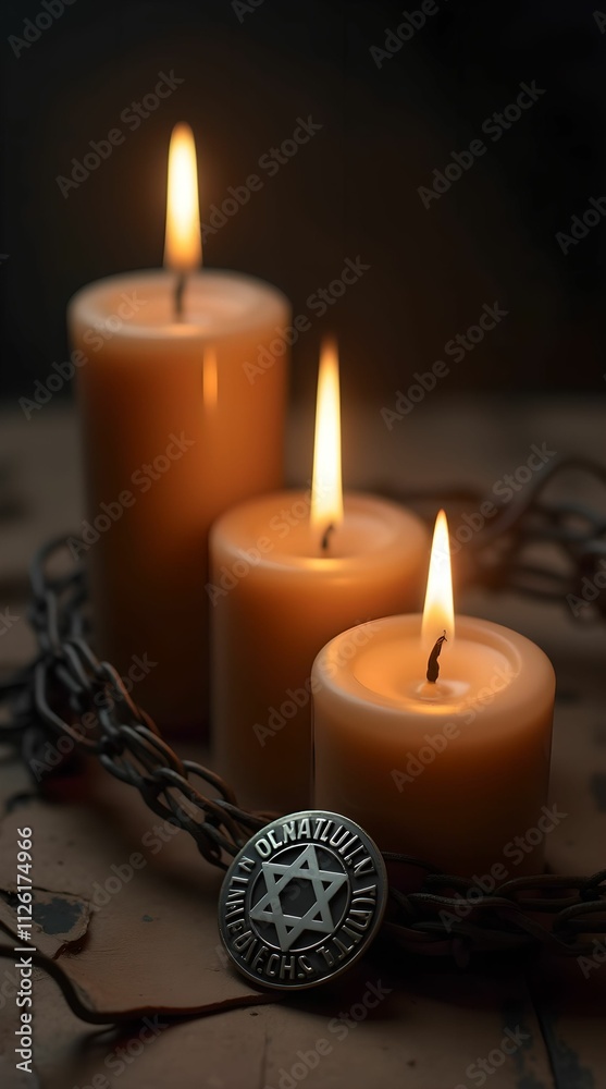 Candles, Jewish badge, and barbed wire on a dark background for International Holocaust Remembrance Day Candles, Jewish badge, and barbed wire on a dark background for International Holocaust Remembrance Day