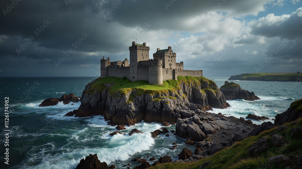 Coastal castle on rocky cliff with ocean waves Coastal castle on rocky cliff with ocean waves