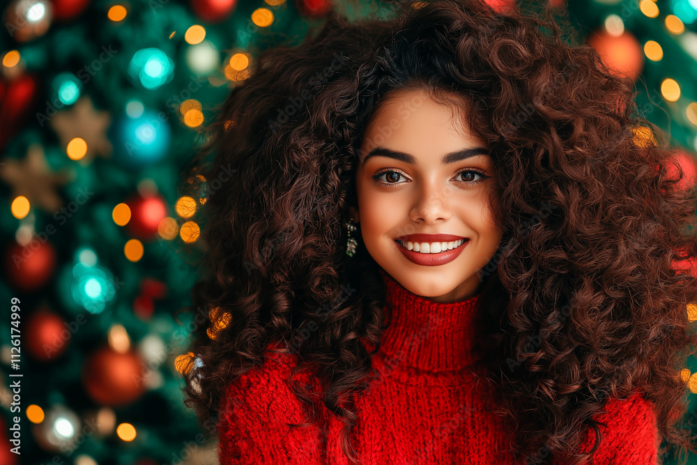 Christmas concept, a happy beautiful curly-haired young woman in a red sweater on a festive background Christmas concept, a happy beautiful curly-haired young woman in a red sweater on a festive background