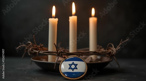 Candles, Jewish badge, and barbed wire on a dark background for International Holocaust Remembrance Day photo