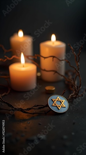 Candles, Jewish badge, and barbed wire on a dark background for International Holocaust Remembrance Day photo