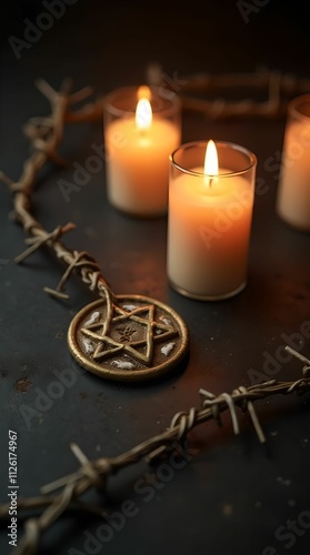 Candles, Jewish badge, and barbed wire on a dark background for International Holocaust Remembrance Day photo