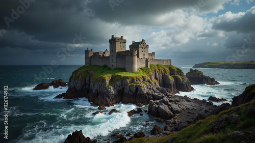 Coastal castle on rocky cliff with ocean waves