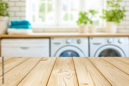 A mockup of an empty wooden table in a blurred white laundry room background, with a washing machine and other household appliances in the distance, for product display purposes.