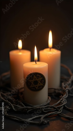 Candles, Jewish badge, and barbed wire on a dark background for International Holocaust Remembrance Day photo