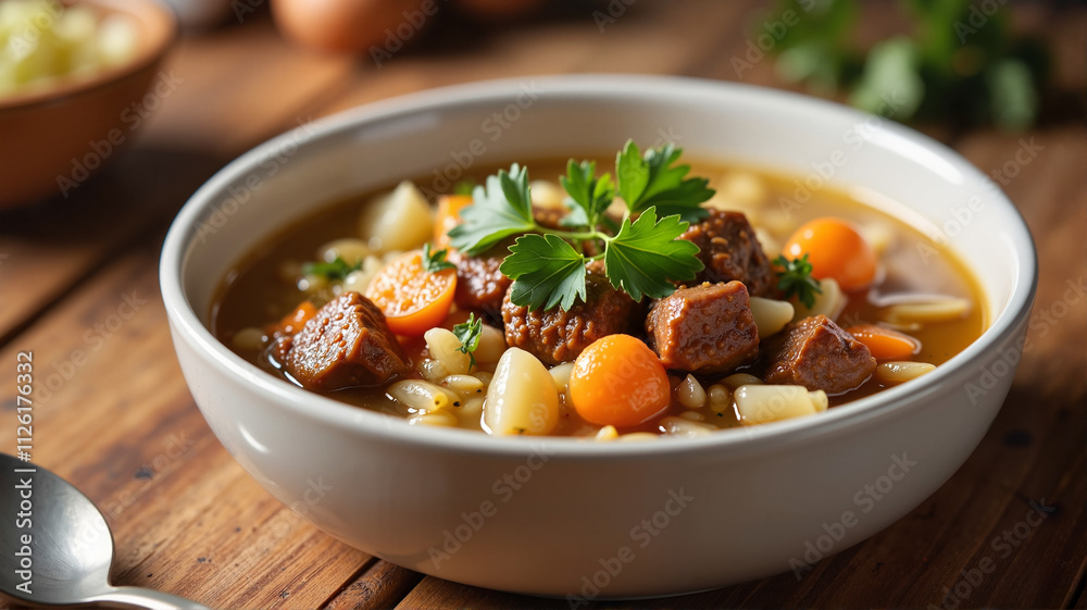 Hearty vegetable soup in a ceramic bowl Hearty vegetable soup in a ceramic bowl