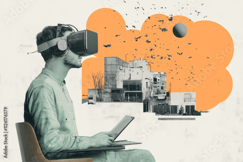 A man in VR headset sits with a tablet, envisioning a new architectural structure using digital technology tools.