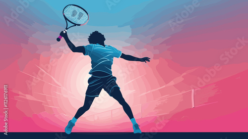 Dynamic Silhouette of a Tennis Player Swinging Racket with Vibrant Pink and Blue Gradient Background