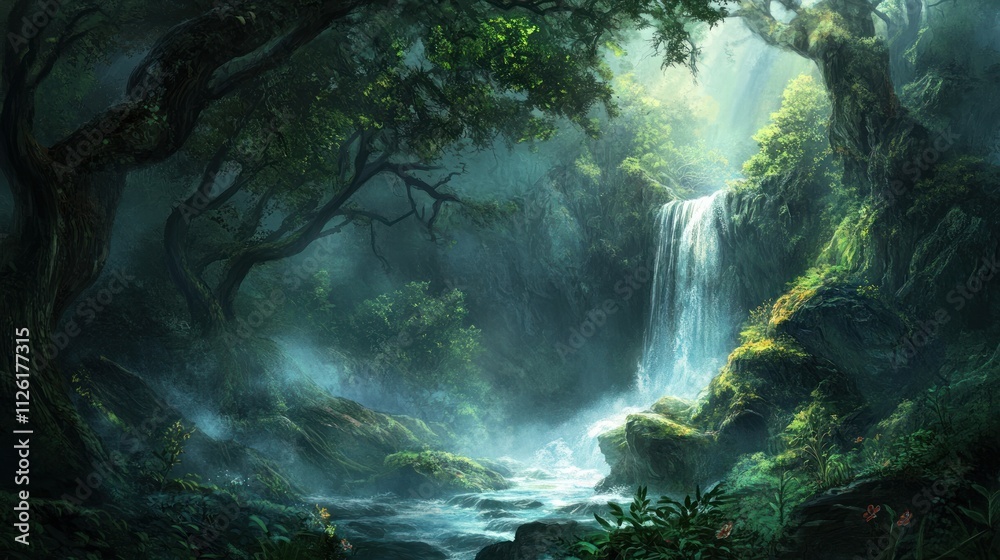 Enchanted Waterfall in a Mystical Forest Enchanted Waterfall in a Mystical Forest