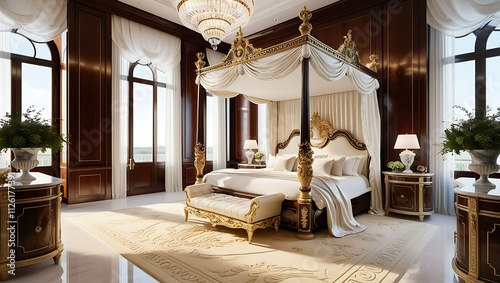 Luxurious classic bedroom interior with canopy bed and elegant furniture.