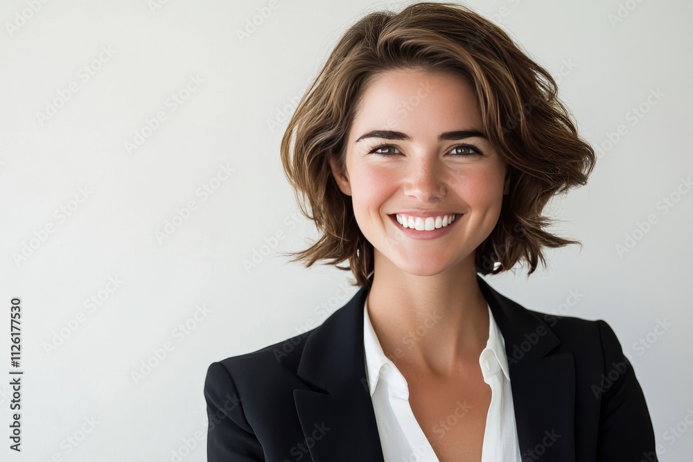 A woman in a business suit is smiling and looking at the camera A woman in a business suit is smiling and looking at the camera