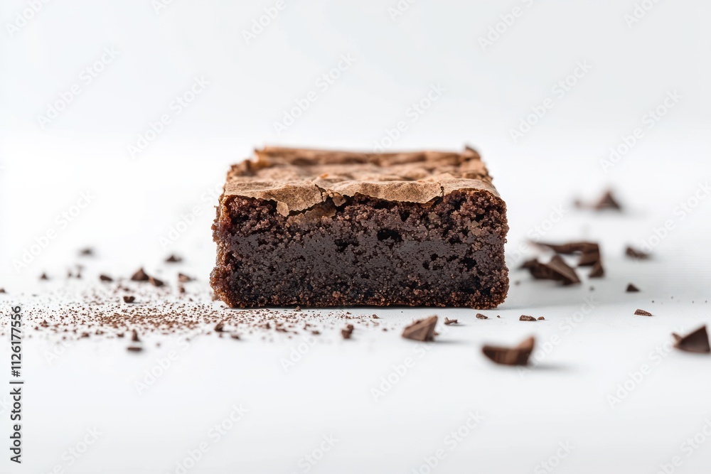 A delicious chocolate brownie with a rich, fudgy texture, surrounded by chocolate shavings. A delicious chocolate brownie with a rich, fudgy texture, surrounded by chocolate shavings.