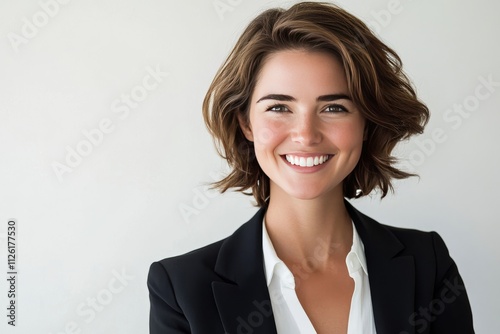 A woman in a business suit is smiling and looking at the camera