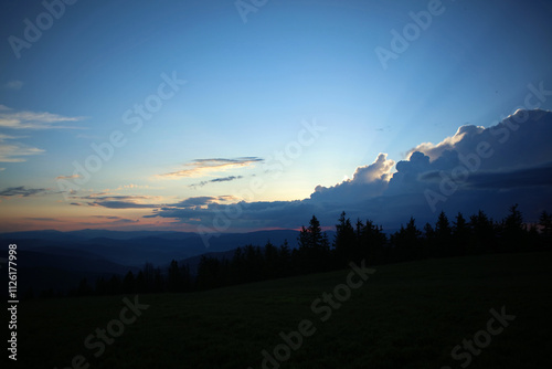 Obraz na płótnie Landscape of Zywiec Beskids mountain range after sunset, view from Rysianka peak, Poland w salonie