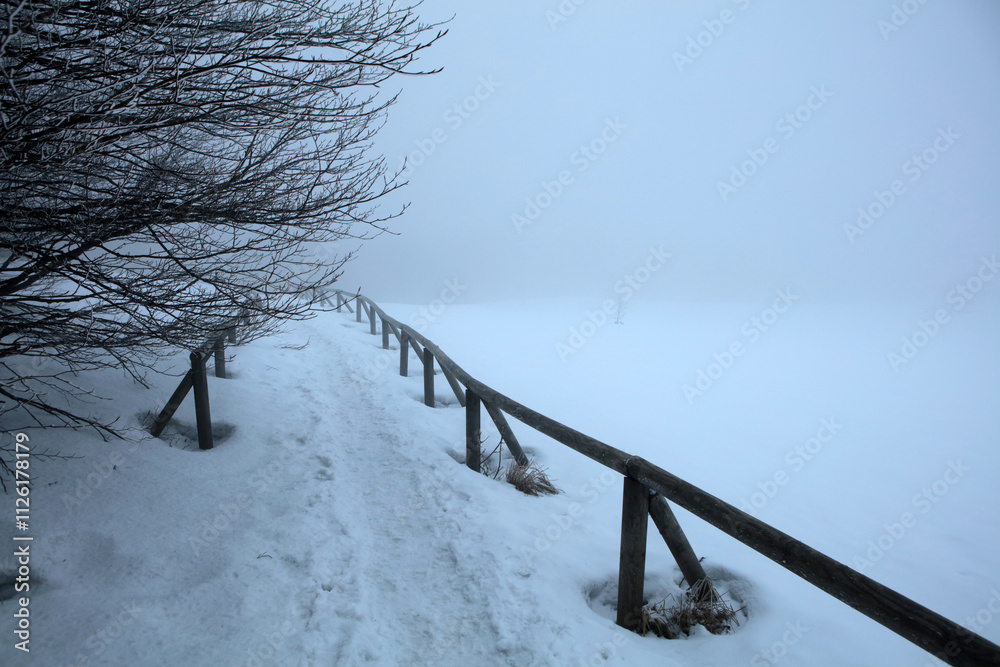Winter landscape - on the hiking trail to Tarnica mountain - the highest peak of Bieszczady mountain range in Poland